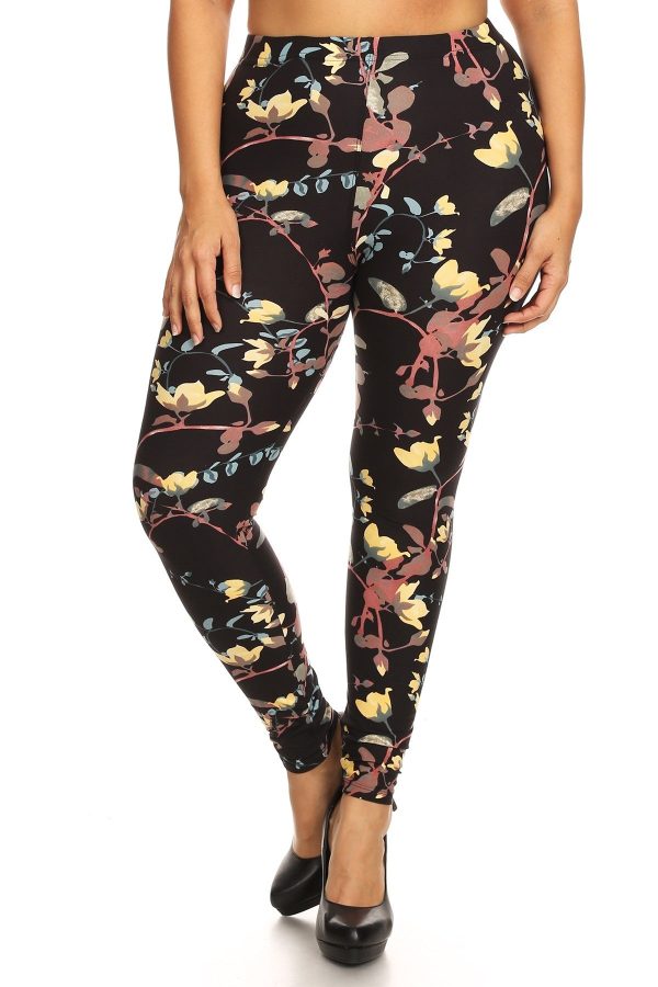 Plus Size Floral Print, Full Length Leggings In A Slim Fitting Style With A Banded High Waist Online now