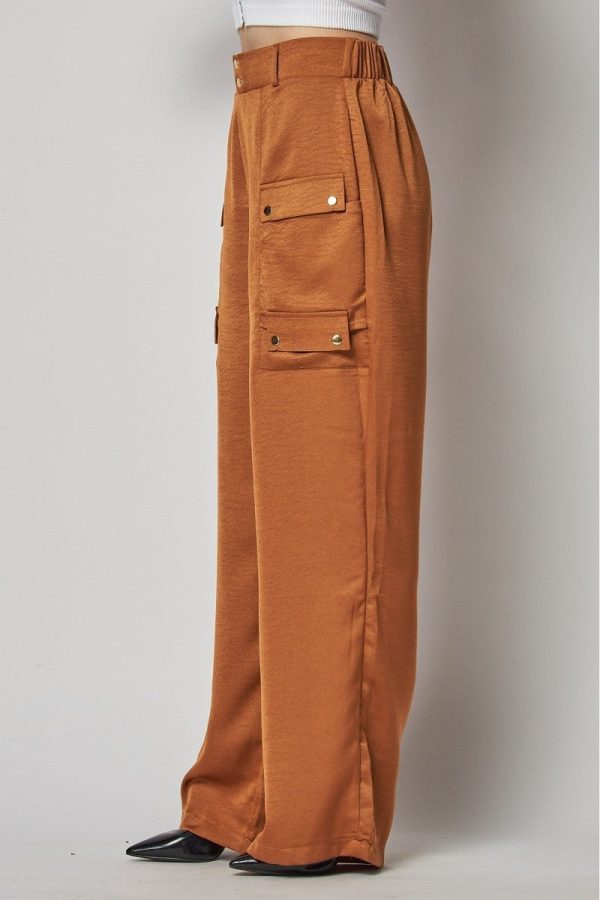 Satin Cargo Pocket Wide Leg Pants on Sale - Image 3