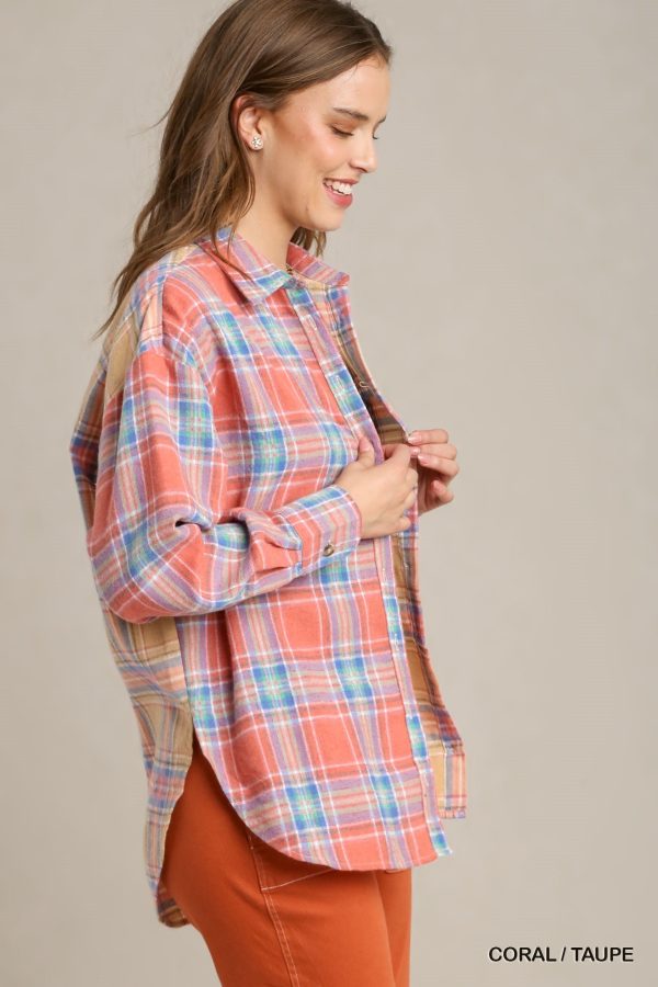 Mixed Plaid Boxy Cut Button Down Flannel With Front Pocket Online - Image 3