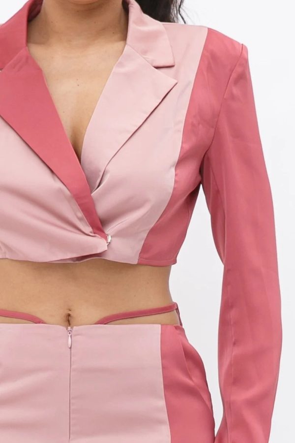 Colorblock Crop Blazer With Matching Low Rise Wide Leg Pant Set With Pockets Online - Image 3