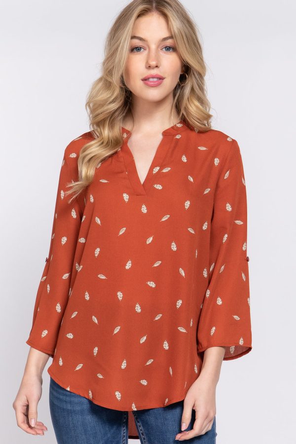 3 4 Roll Up Slv V-neck Print Blouse For Cheap