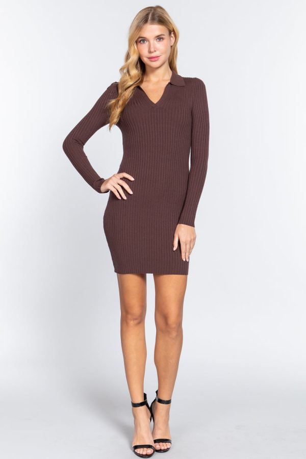 Long Slv V-neck Sweater Rib Mini Dress Supply - Image 2
