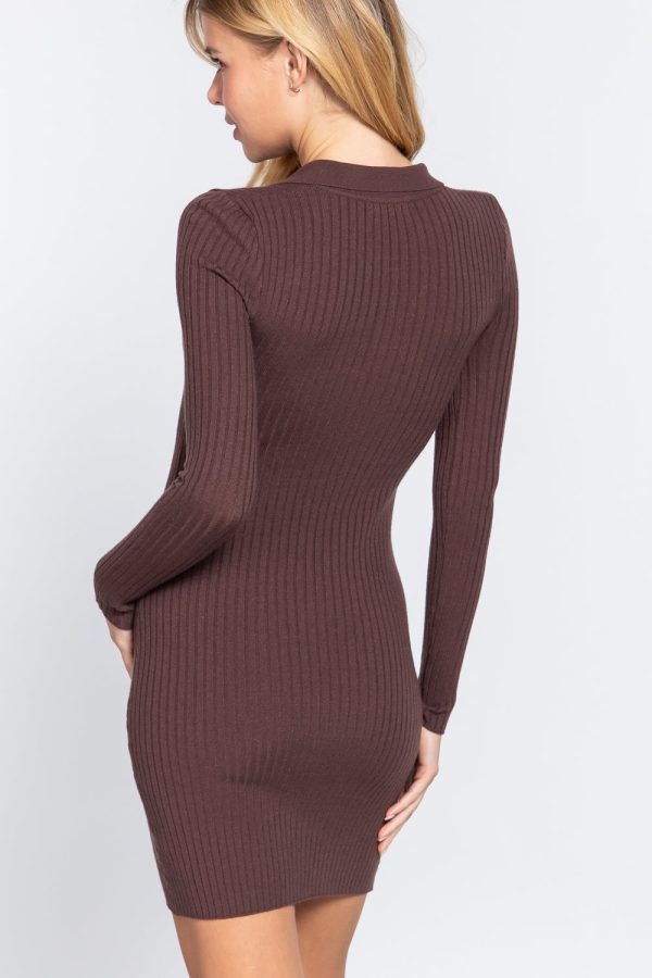 Long Slv V-neck Sweater Rib Mini Dress Supply - Image 4