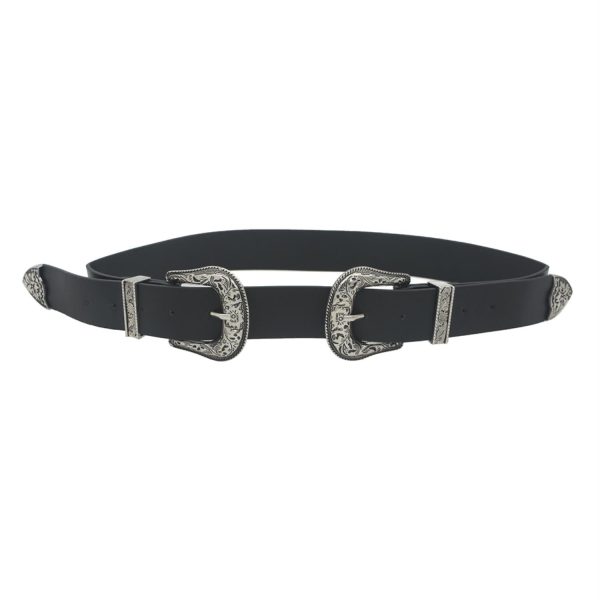 Floral Embossed Double Buckle Western Belt on Sale